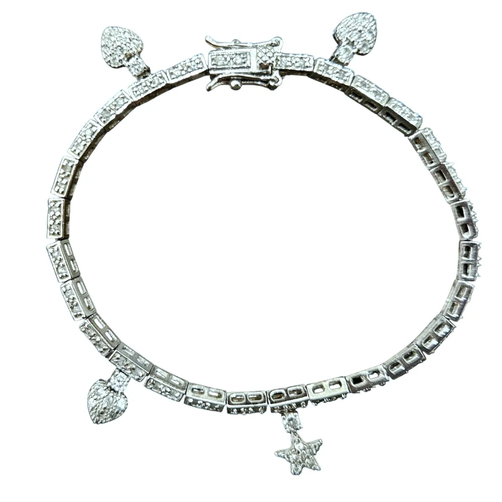 Sterling silver hearts star pave charm bracelet CZ VGUC feminine girlhoodcore
